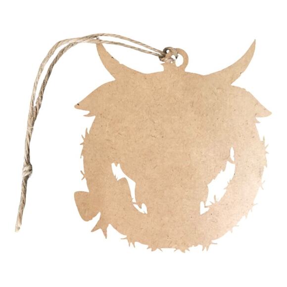 Handmade Whimsical Highlander Cow Wreath Santa Hat Hand Painted Wood Ornament - Picture 6 of 9